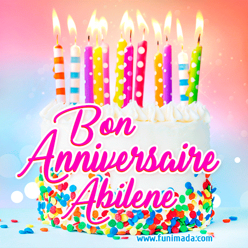 A white birthday cake covered in colorful sprinkles, topped with bright candles, and French text 'Bon Anniversaire Abilene' on a pastel gradient background in an animated GIF.