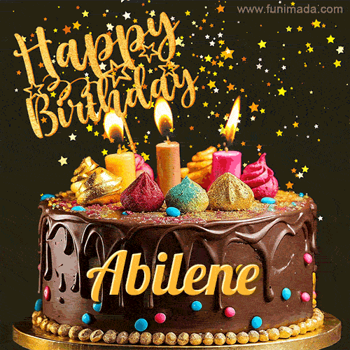 A delightful chocolate birthday cake with bright candles and 'Happy Birthday Abilene' written in gold amidst a shower of animated stars.