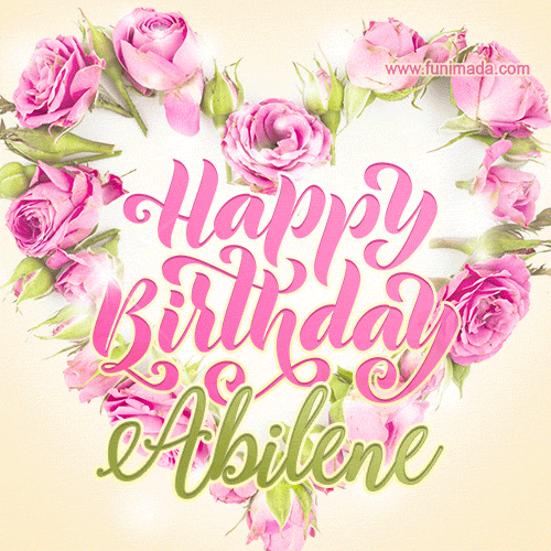 A stunning heart made of pink roses surrounds the elegant script text 'Happy Birthday Abilene' on a soft beige background. Animated sparkles add a magical and festive feel.