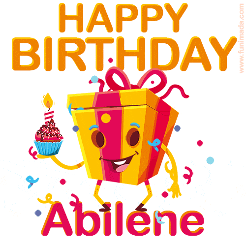A vibrant and funny gift box character with a happy face dancing with a cupcake and the text 'Happy Birthday Abilene,' surrounded by animated confetti and party vibes.