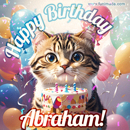 Happy birthday gif for Abraham with cat and cake