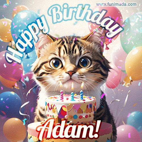 Happy birthday gif for Adam with cat and cake