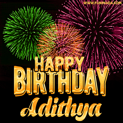 Wishing You A Happy Birthday, Adithya! Best fireworks GIF animated greeting card.