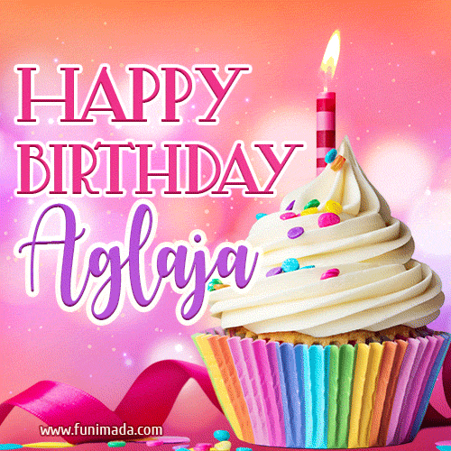 A vibrant birthday GIF featuring a rainbow-colored cupcake topped with white frosting, sprinkles, and a lit candle. The text reads 'Happy Birthday Aglaja' in bold pink and violet letters with white outline.