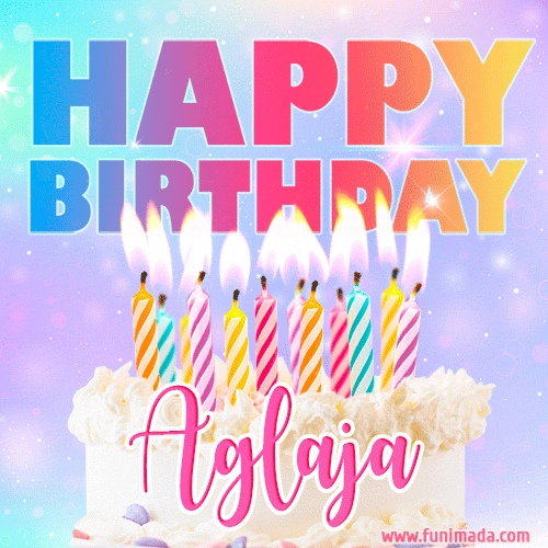 A vibrant animated name GIF with the words 'Happy Birthday Aglaja' with colorful candles on a creamy cake. The background sparkles with pastel shades, adding a festive touch.