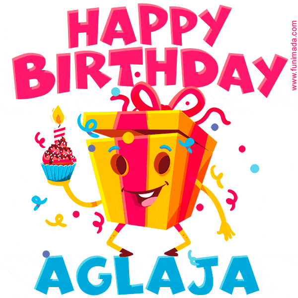 A vibrant and funny gift box character with a happy face dancing with a cupcake and the text 'Happy Birthday Aglaja,' surrounded by animated confetti and party vibes.