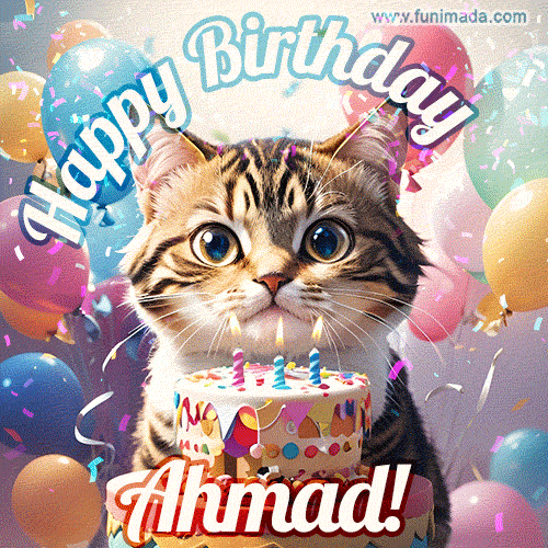 Happy birthday gif for Ahmad with cat and cake