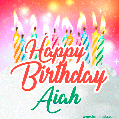 Happy Birthday GIF for Aiah with Birthday Cake and Lit Candles