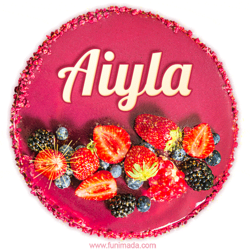 Beautifully decorated red velvet berry birthday cake with vibrant fruits and a glowing 'Aiyla' name, adding a touch of sweetness and sparkle.