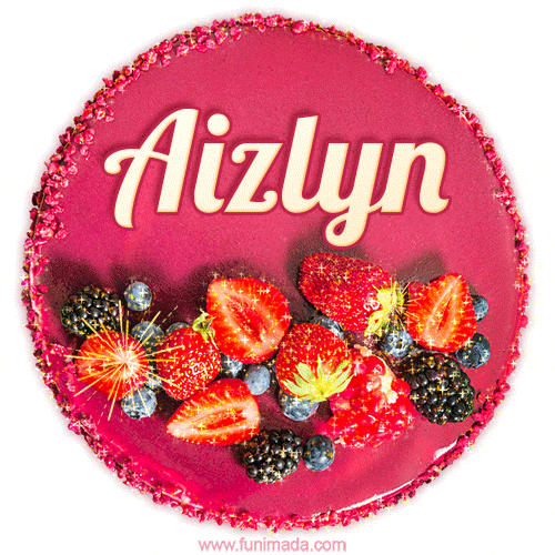Beautifully decorated red velvet berry birthday cake with vibrant fruits and a glowing 'Aizlyn' name, adding a touch of sweetness and sparkle.