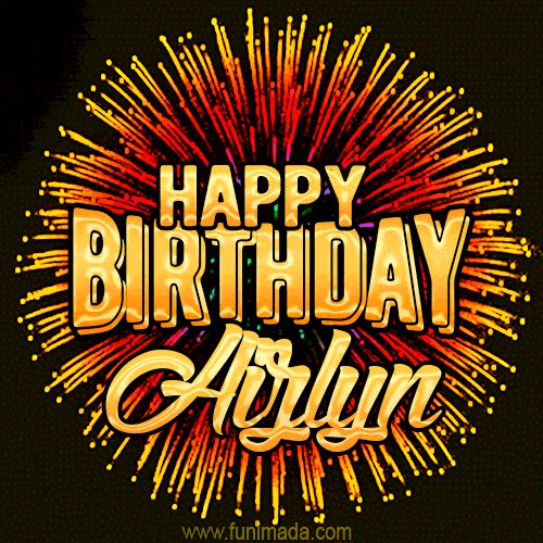 Golden 'Happy Birthday Aizlyn' text accompanied by animated rainbow fireworks for a festive animated greeting.