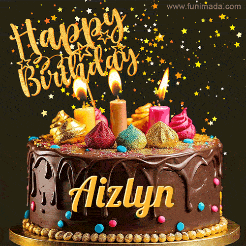 A delightful chocolate birthday cake with bright candles and 'Happy Birthday Aizlyn' written in gold amidst a shower of animated stars.