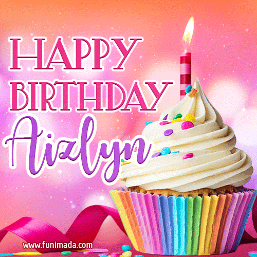 A vibrant birthday GIF featuring a rainbow-colored cupcake topped with white frosting, sprinkles, and a lit candle. The text reads 'Happy Birthday Aizlyn' in bold pink and violet letters with white outline.