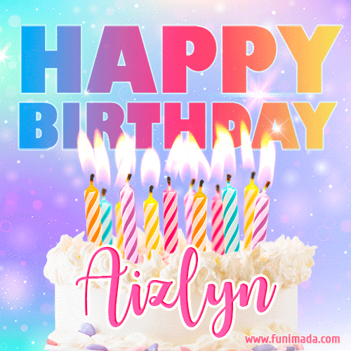 A vibrant animated name GIF with the words 'Happy Birthday Aizlyn' with colorful candles on a creamy cake. The background sparkles with pastel shades, adding a festive touch.