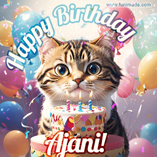 Happy birthday gif for Ajani with cat and cake