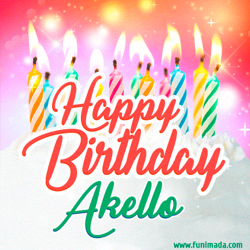 Bright birthday candles with rainbow flames on a cake, alongside the text 'Happy Birthday Akello' in vibrant script in this celebratory animated GIF.