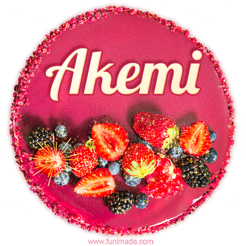 Beautifully decorated red velvet berry birthday cake with vibrant fruits and a glowing 'Akemi' name, adding a touch of sweetness and sparkle.