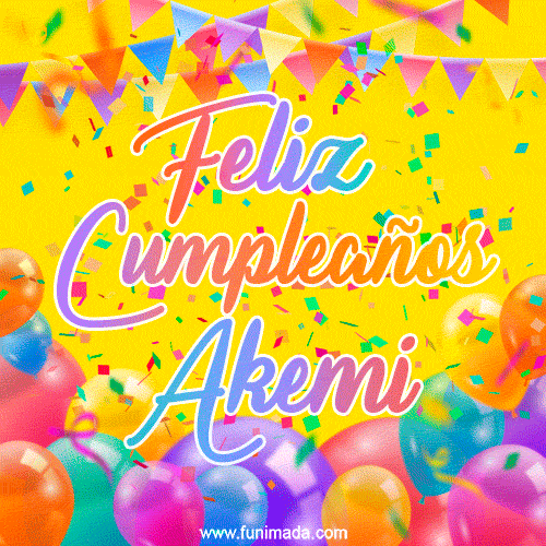 A bright and festive GIF with the text 'Feliz Cumpleaños Akemi' in Spanish in colorful fonts, surrounded by confetti, balloons, and festive banners on a vibrant yellow background.