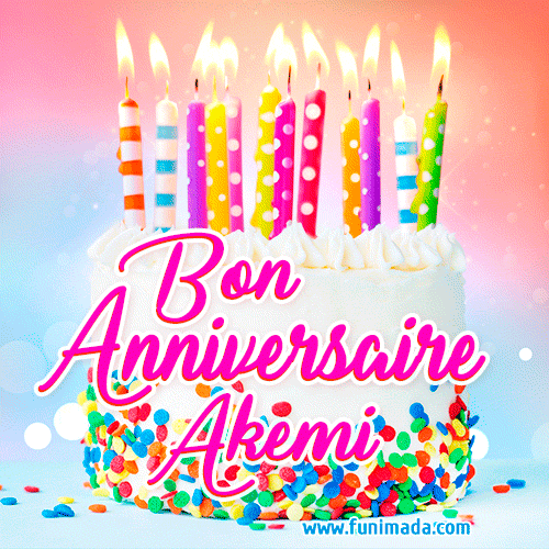 A white birthday cake covered in colorful sprinkles, topped with bright candles, and French text 'Bon Anniversaire Akemi' on a pastel gradient background in an animated GIF.