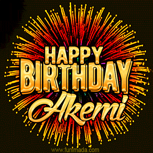 Golden 'Happy Birthday Akemi' text accompanied by animated rainbow fireworks for a festive animated greeting.