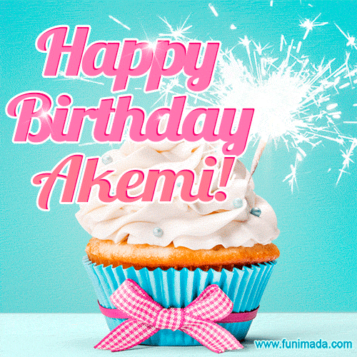A festive cupcake with pink icing, a gingham bow, and a lit animated sparkler, paired with 'Happy Birthday Akemi!' in bright pink text.