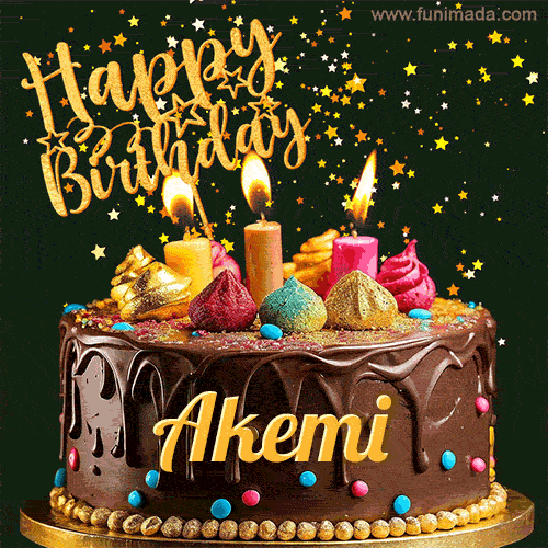 A delightful chocolate birthday cake with bright candles and 'Happy Birthday Akemi' written in gold amidst a shower of animated stars.