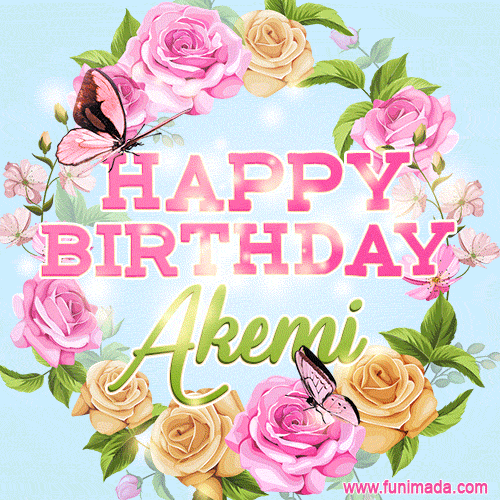 A charming animated GIF featuring 'Happy Birthday Akemi' in pink and green text, surrounded by delicate roses, leaves, and fluttering butterflies on a soft light blue pastel background.