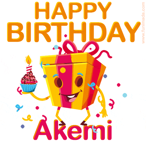 A vibrant and funny gift box character with a happy face dancing with a cupcake and the text 'Happy Birthday Akemi,' surrounded by animated confetti and party vibes.