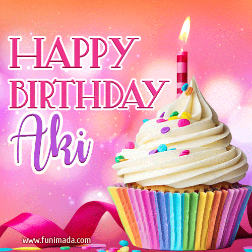 A vibrant birthday GIF featuring a rainbow-colored cupcake topped with white frosting, sprinkles, and a lit candle. The text reads 'Happy Birthday Aki' in bold pink and violet letters with white outline.