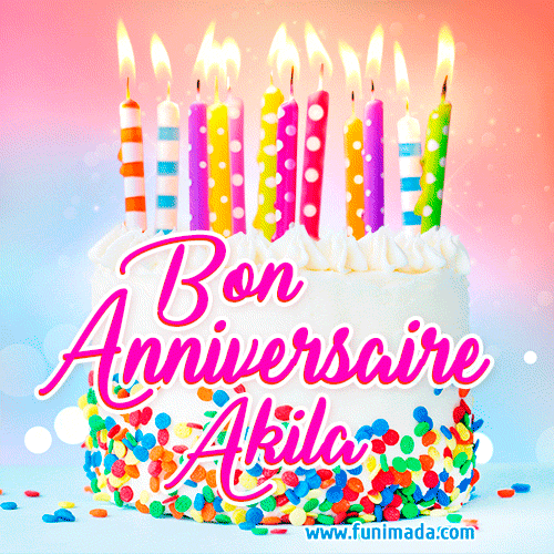 A white birthday cake covered in colorful sprinkles, topped with bright candles, and French text 'Bon Anniversaire Akila' on a pastel gradient background in an animated GIF.