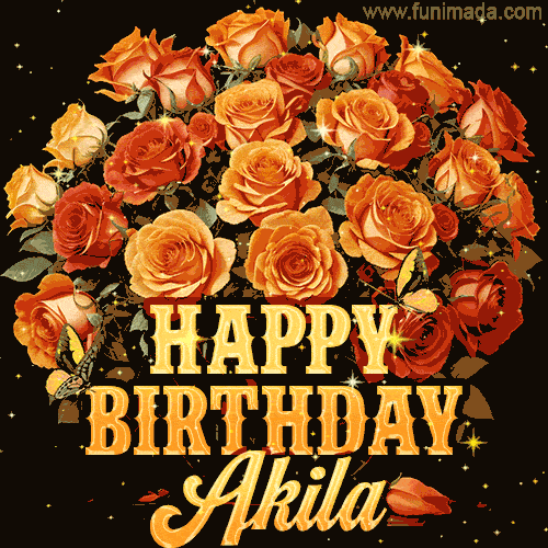 Animated bouquet of orange roses with moving butterfles and golden 'Happy Birthday Akila' text, surrounded by sparkling accents and a dark backdrop for a luxurious feel.