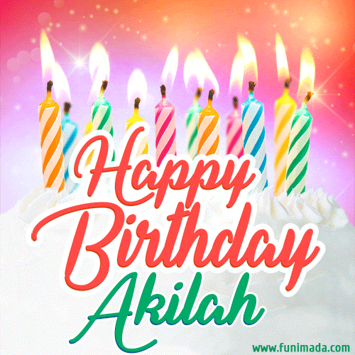 Bright birthday candles with rainbow flames on a cake, alongside the text 'Happy Birthday Akilah' in vibrant script in this celebratory animated GIF.