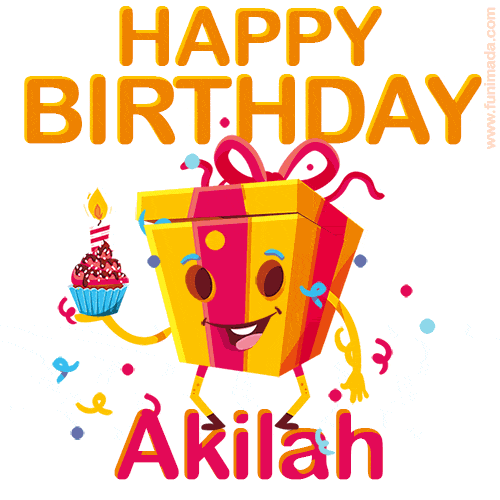A vibrant and funny gift box character with a happy face dancing with a cupcake and the text 'Happy Birthday Akilah,' surrounded by animated confetti and party vibes.