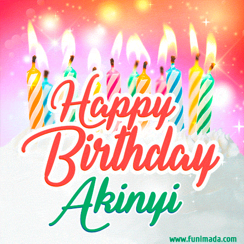 Bright birthday candles with rainbow flames on a cake, alongside the text 'Happy Birthday Akinyi' in vibrant script in this celebratory animated GIF.