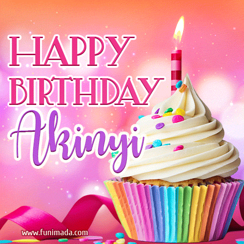 A vibrant birthday GIF featuring a rainbow-colored cupcake topped with white frosting, sprinkles, and a lit candle. The text reads 'Happy Birthday Akinyi' in bold pink and violet letters with white outline.
