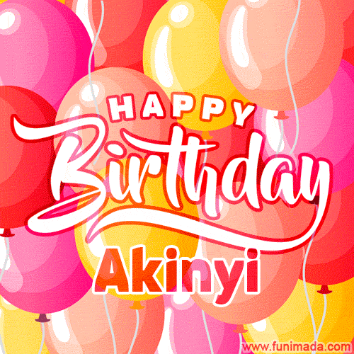 A vibrant name GIF featuring colorful balloons in shades of pink, orange, and yellow with the bold text 'Happy Birthday Akinyi' in festive fonts, creating a lively birthday vibe.