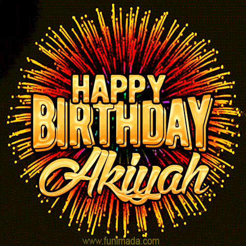 Golden 'Happy Birthday Akiyah' text accompanied by animated rainbow fireworks for a festive animated greeting.