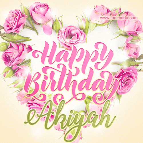 A stunning heart made of pink roses surrounds the elegant script text 'Happy Birthday Akiyah' on a soft beige background. Animated sparkles add a magical and festive feel.