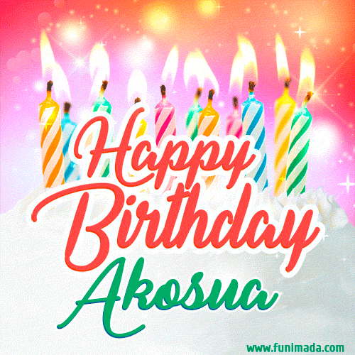 Happy Birthday GIF for Akosua with Birthday Cake and Lit Candles