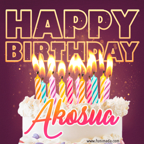 A colorful birthday cake topped with lit candles, with the words 'Happy Birthday Akosua' in bold glowing letters on a burgundy background. Animated flames add a festive touch.