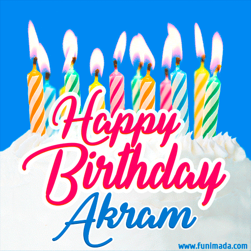 A cheerful animated GIF featuring colorful lit birthday candles on a white cake, with the text 'Happy Birthday Akram' in bold red and blue script on a bright blue background.