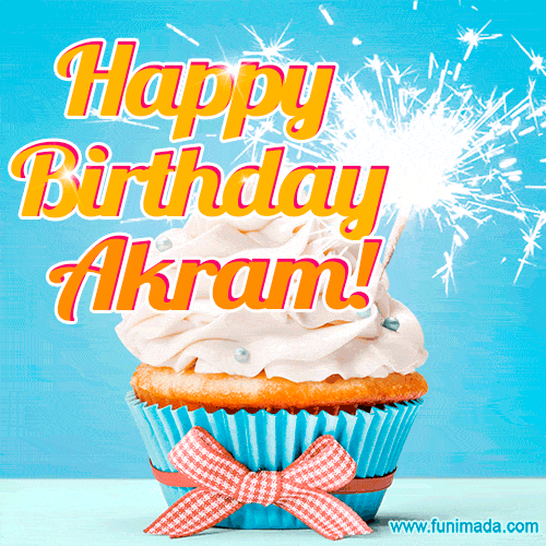 A cheerful animated GIF of a cupcake with creamy frosting, a red checkered ribbon, and a bright sparkler on top. The text 'Happy Birthday Akram!' is displayed in vibrant orange and red.