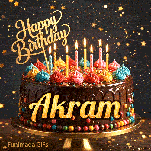 Multi-colored dollops of frosting and burning birthday candles on a chocolate glaze cake, custom-designed for Akram.