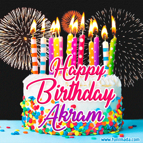 Amazing Animated GIF Image for Akram with Birthday Cake and Fireworks