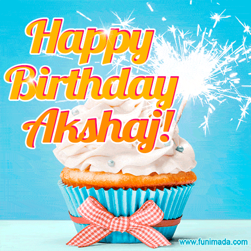 A cheerful animated GIF of a cupcake with creamy frosting, a red checkered ribbon, and a bright sparkler on top. The text 'Happy Birthday Akshaj!' is displayed in vibrant orange and red.