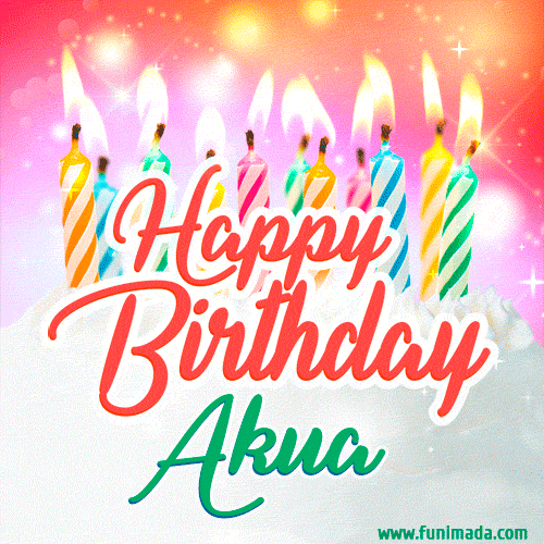 Bright birthday candles with rainbow flames on a cake, alongside the text 'Happy Birthday Akua' in vibrant script in this celebratory animated GIF.