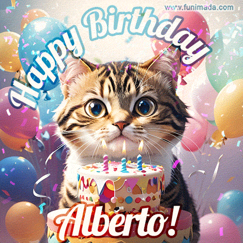 Happy birthday gif for Alberto with cat and cake