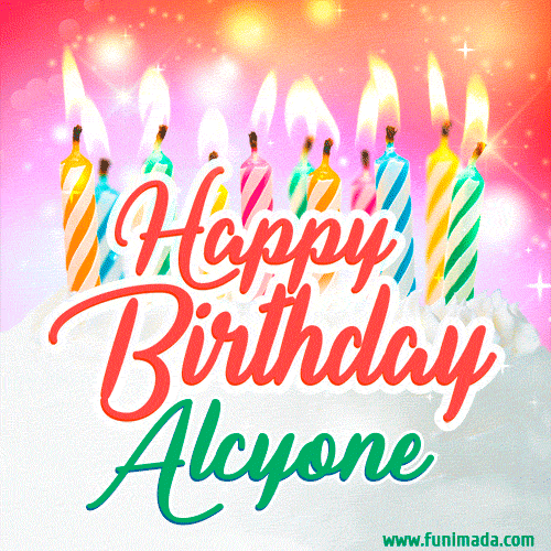 Happy Birthday GIF for Alcyone with Birthday Cake and Lit Candles