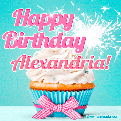 Happy Birthday Alexandria! Elegang Sparkling Cupcake GIF Image.