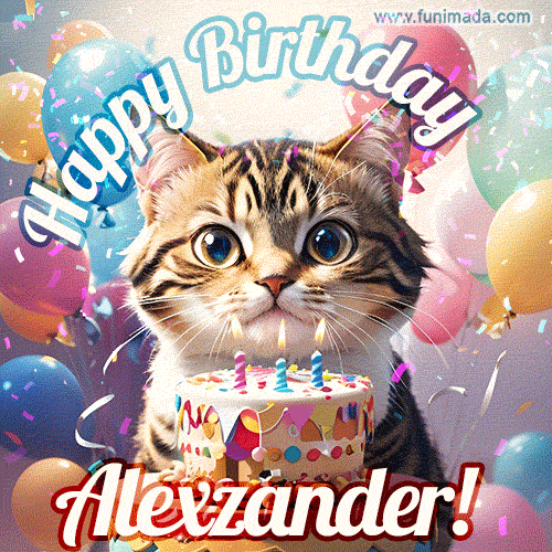 Happy birthday gif for Alexzander with cat and cake